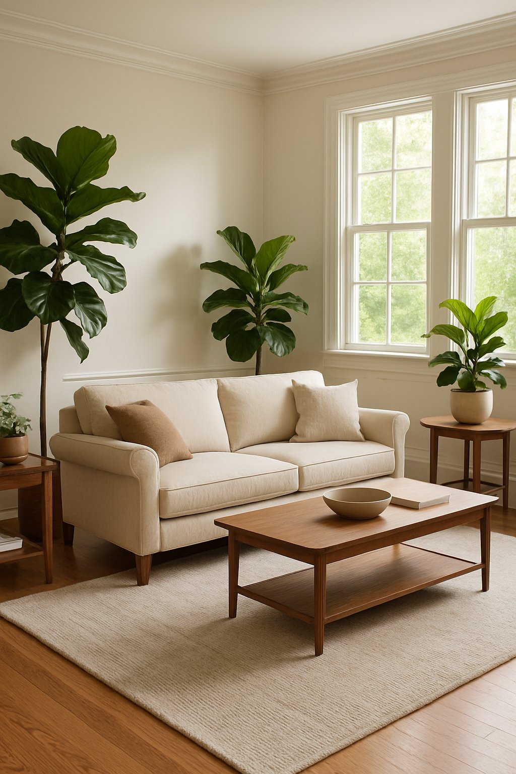 A bright living room with comfortable furniture and several large fiddle leaf fig plants placed around the space.
