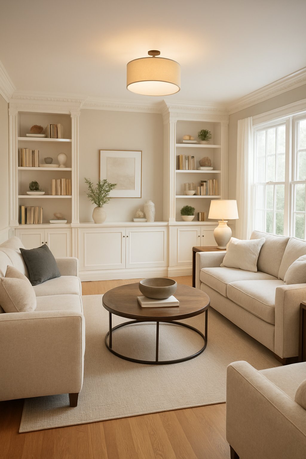 A living room with built-in shelves, crown molding, sofas, coffee table, and natural light from large windows.