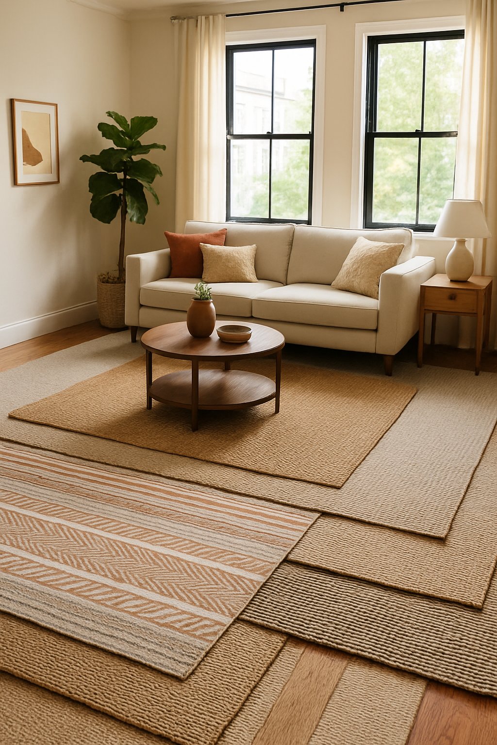 A living room with layered rugs and carpets on a hardwood floor, featuring a sofa, coffee table, plants, and natural light from large windows.