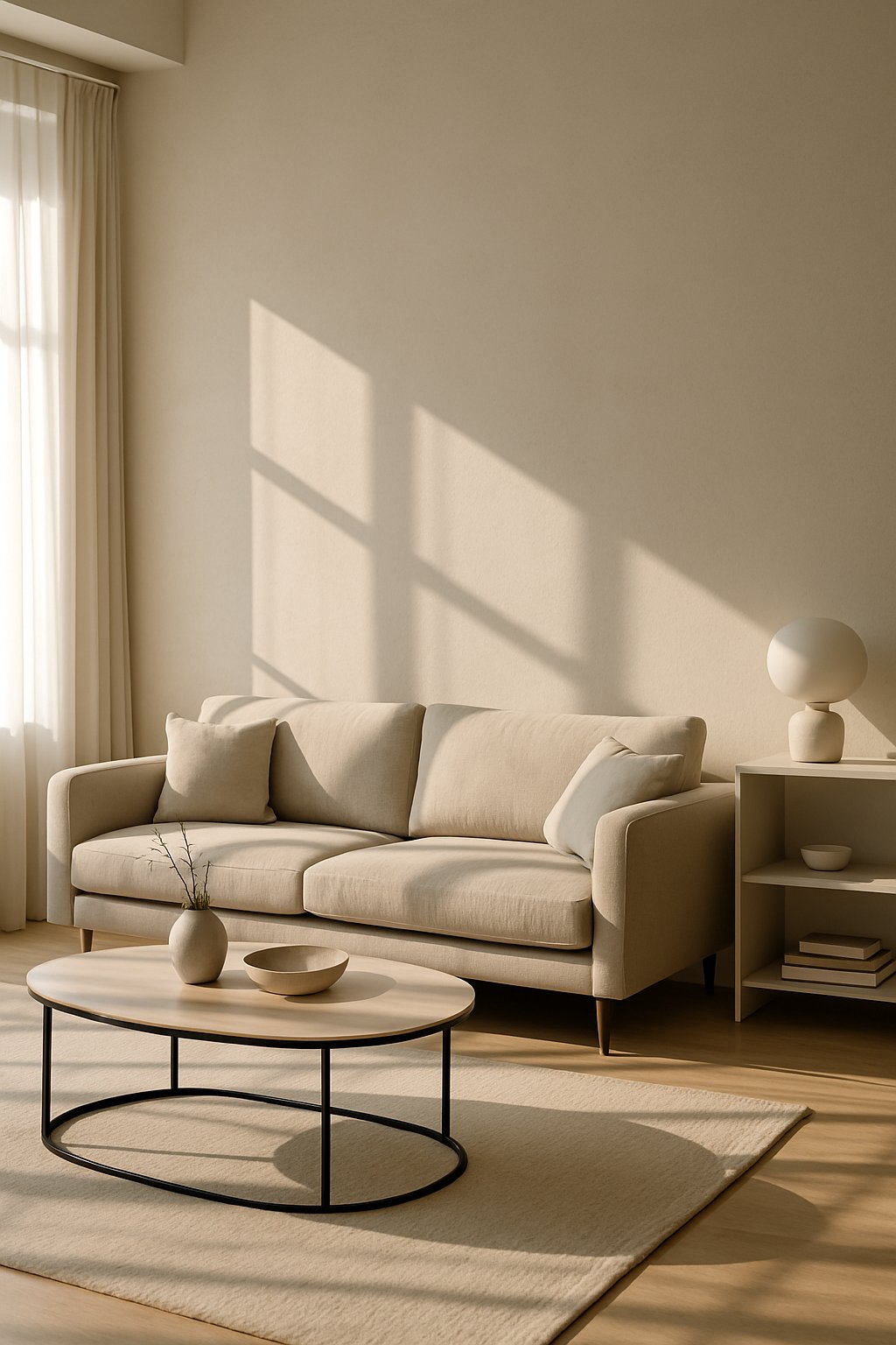 A living room with a sofa, coffee table, shelves, and soft natural light casting simple shadows on the furniture.