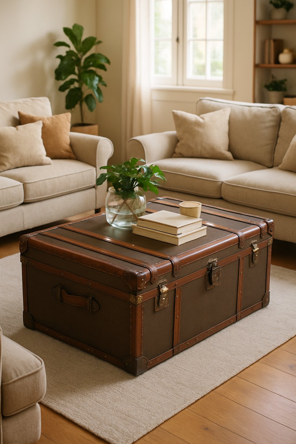 Living room with a vintage trunk used as a coffee table surrounded by sofas and armchairs.