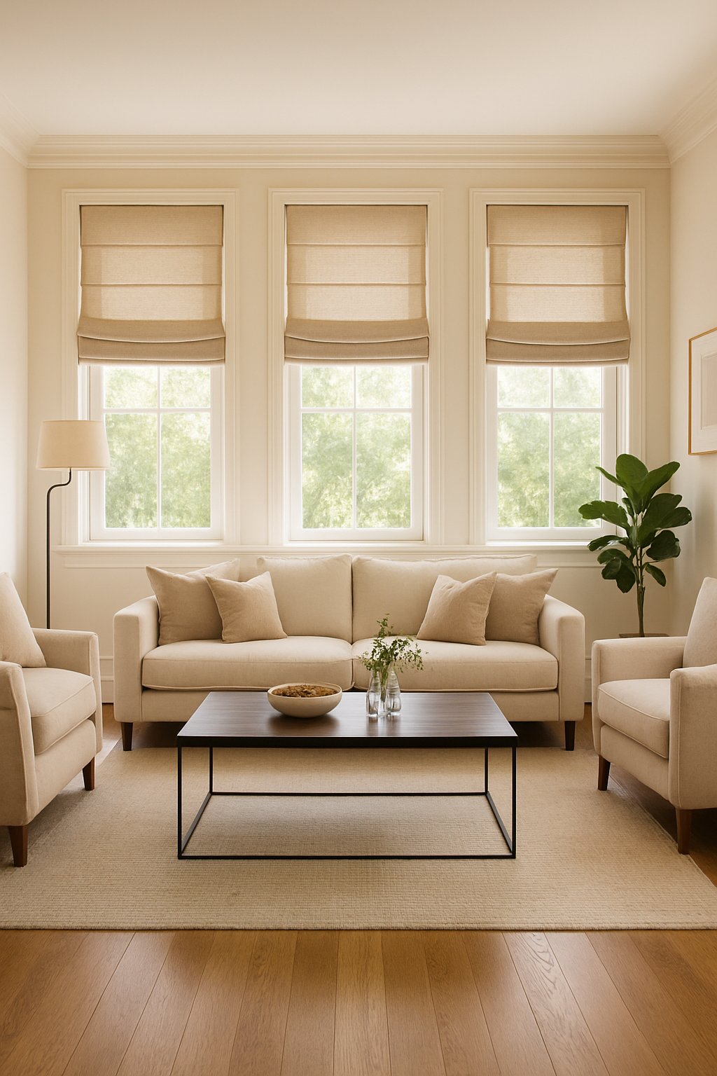 A bright living room with large windows covered by Roman shades, furnished with a sofa, armchairs, coffee table, and plants.