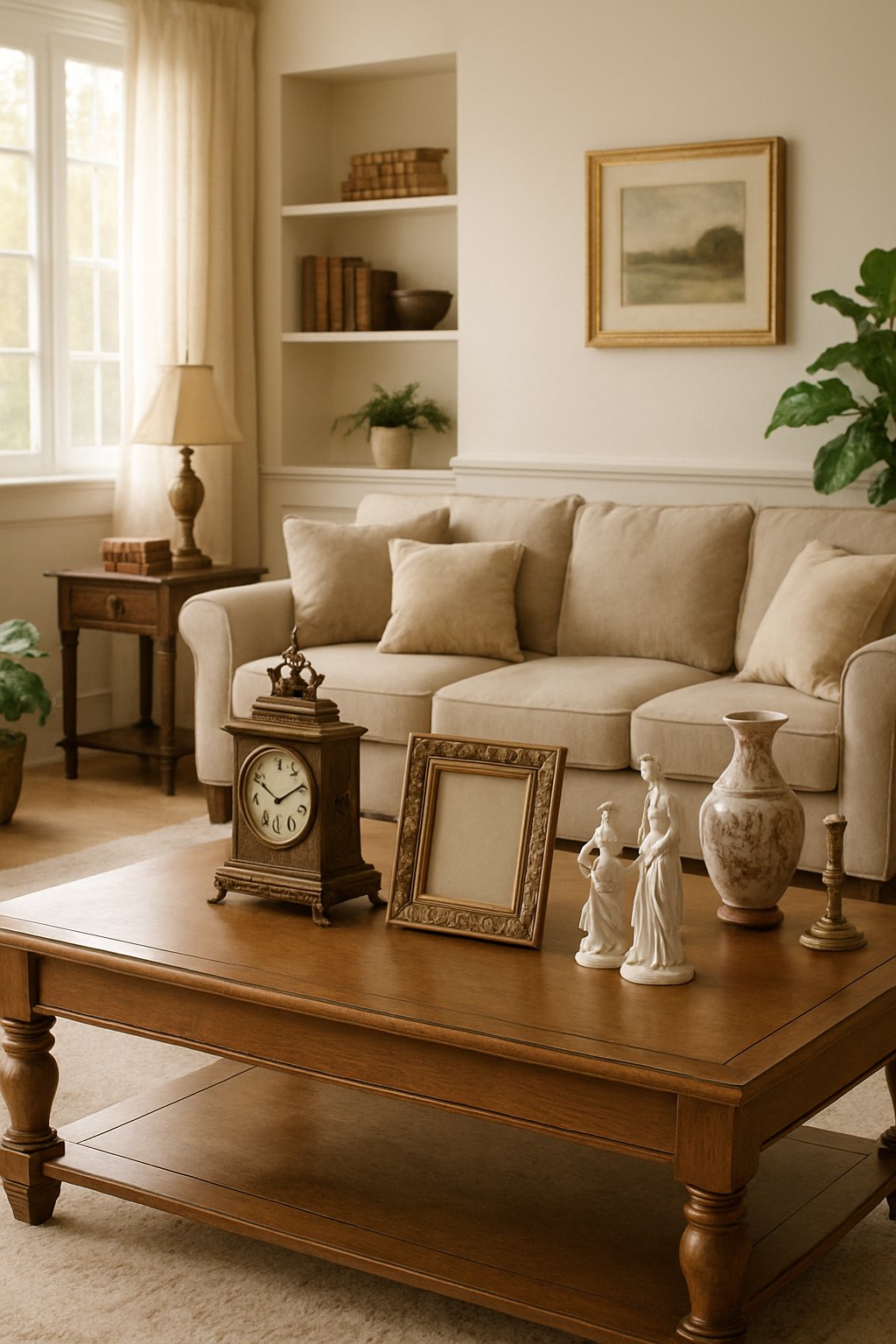 A living room with vintage family heirlooms displayed on shelves and tables, comfortable seating, and natural light coming through large windows.
