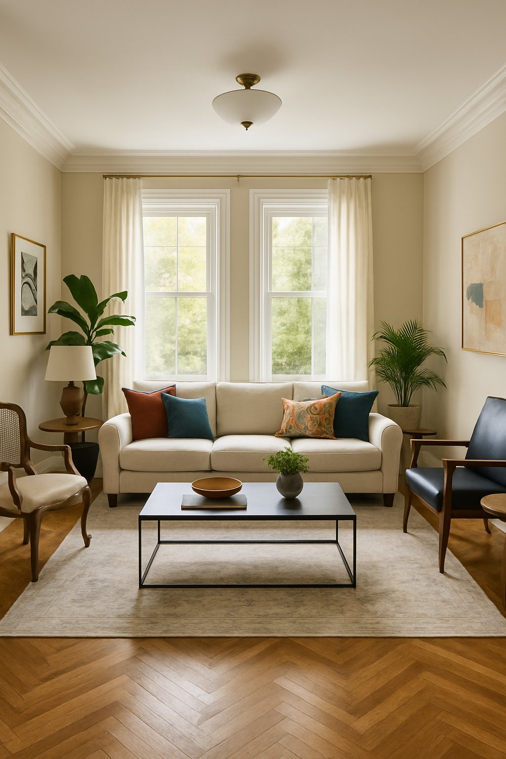 A bright living room with a sofa, coffee table, plants, and large windows letting in natural light.