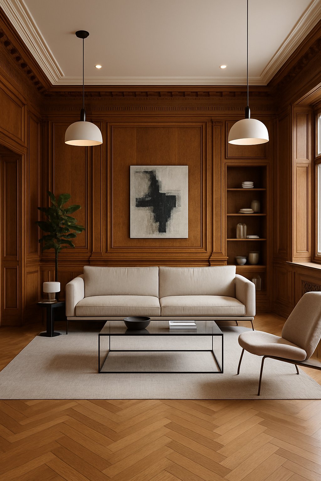 A living room with wooden wall paneling and modern furniture including a sofa, coffee table, and large windows letting in natural light.