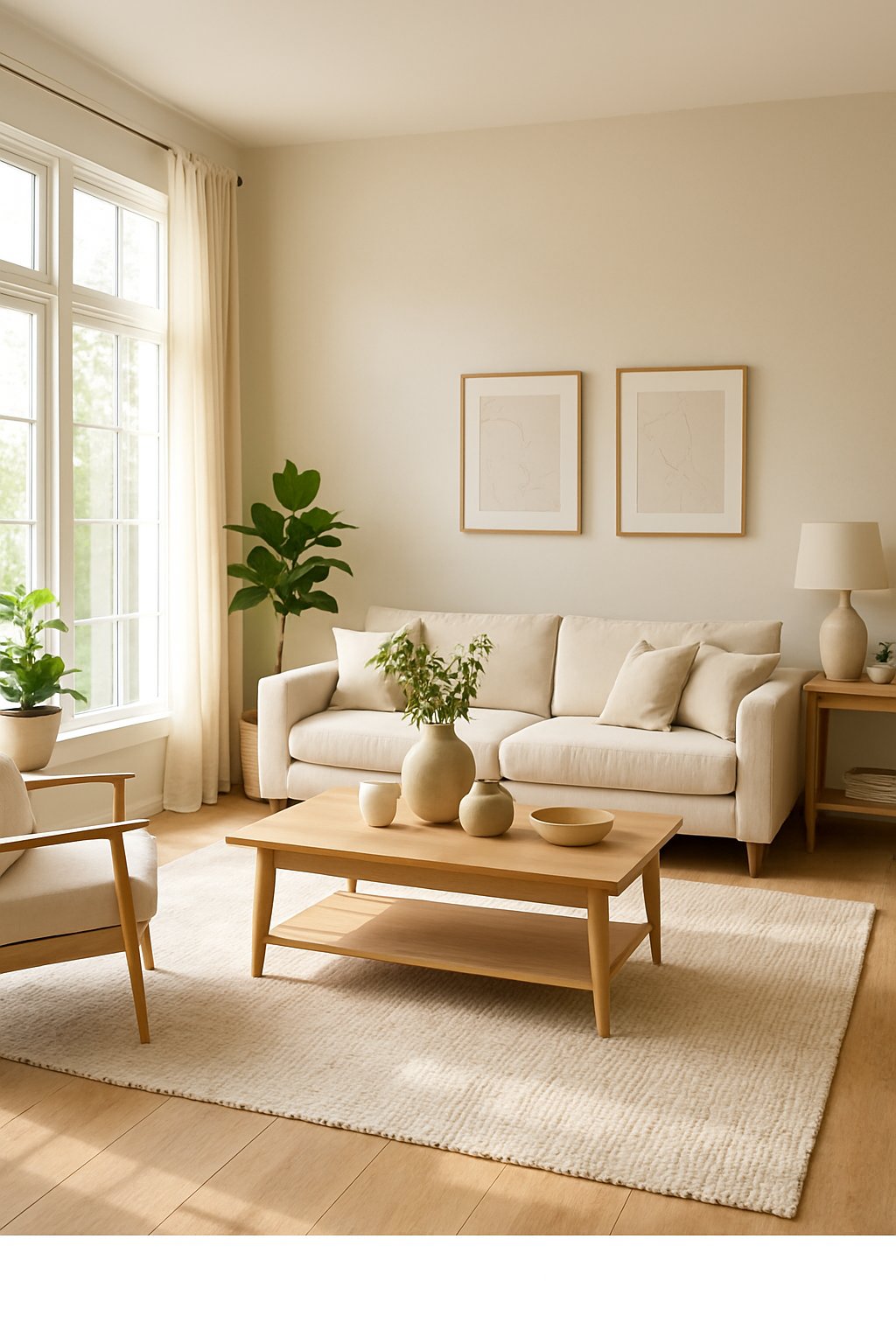 A bright living room with neutral-colored furniture and decor illuminated by natural sunlight from large windows.