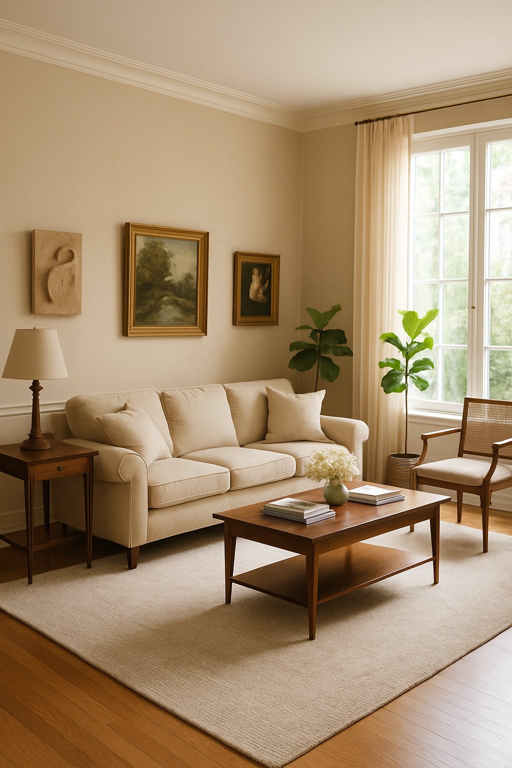 A spacious living room with a comfortable sofa, coffee table, original artwork on the walls, large windows, and indoor plants.