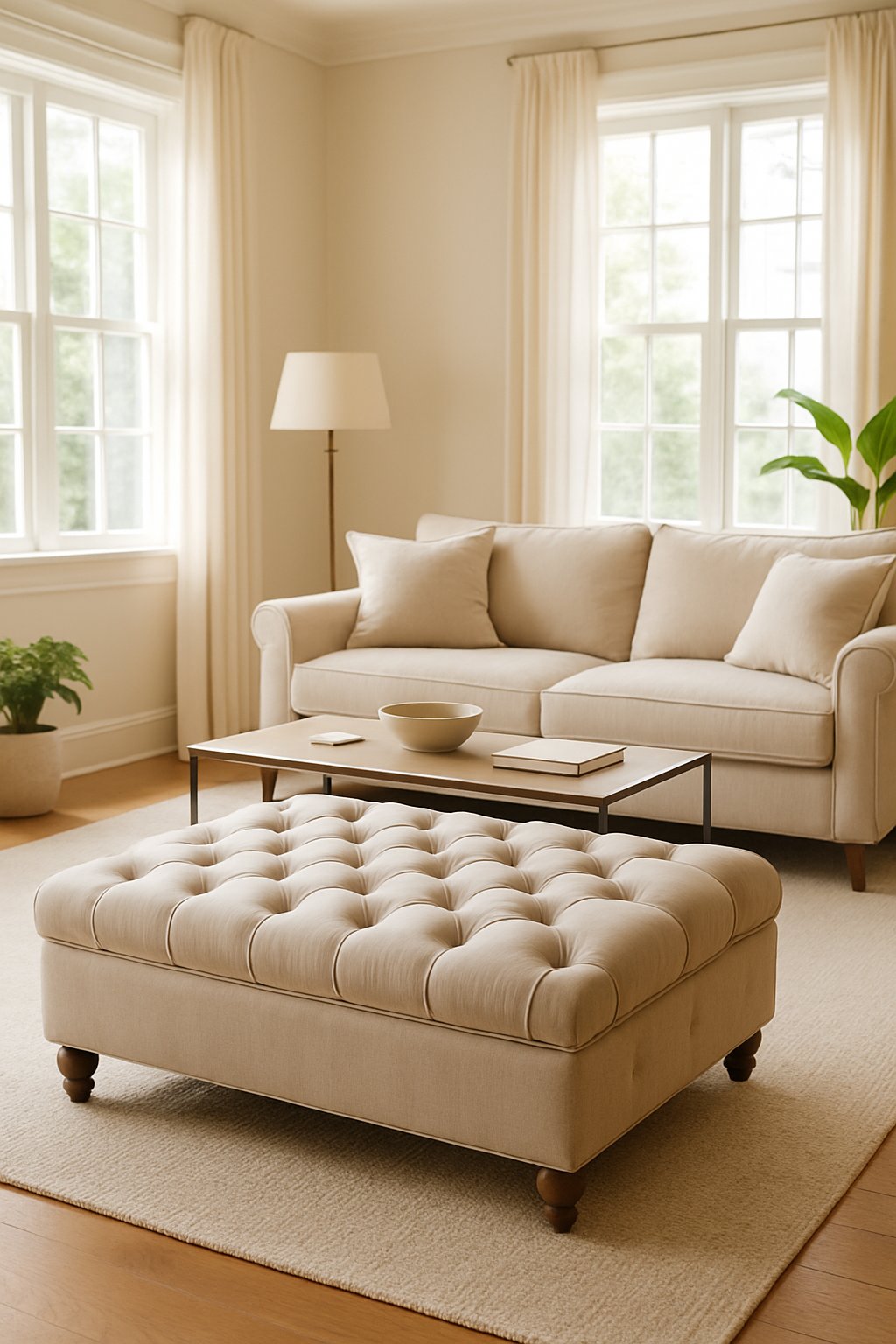 A living room with a tufted ottoman in front of a sofa, surrounded by a rug, plants, and natural light from large windows.