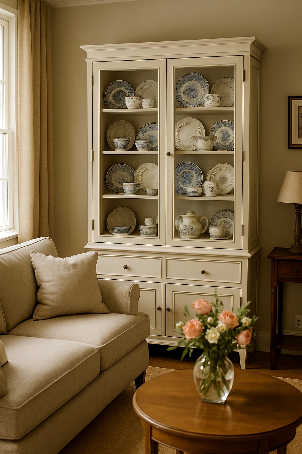 A living room with a stylish cabinet displaying heirloom china and ceramics on shelves.