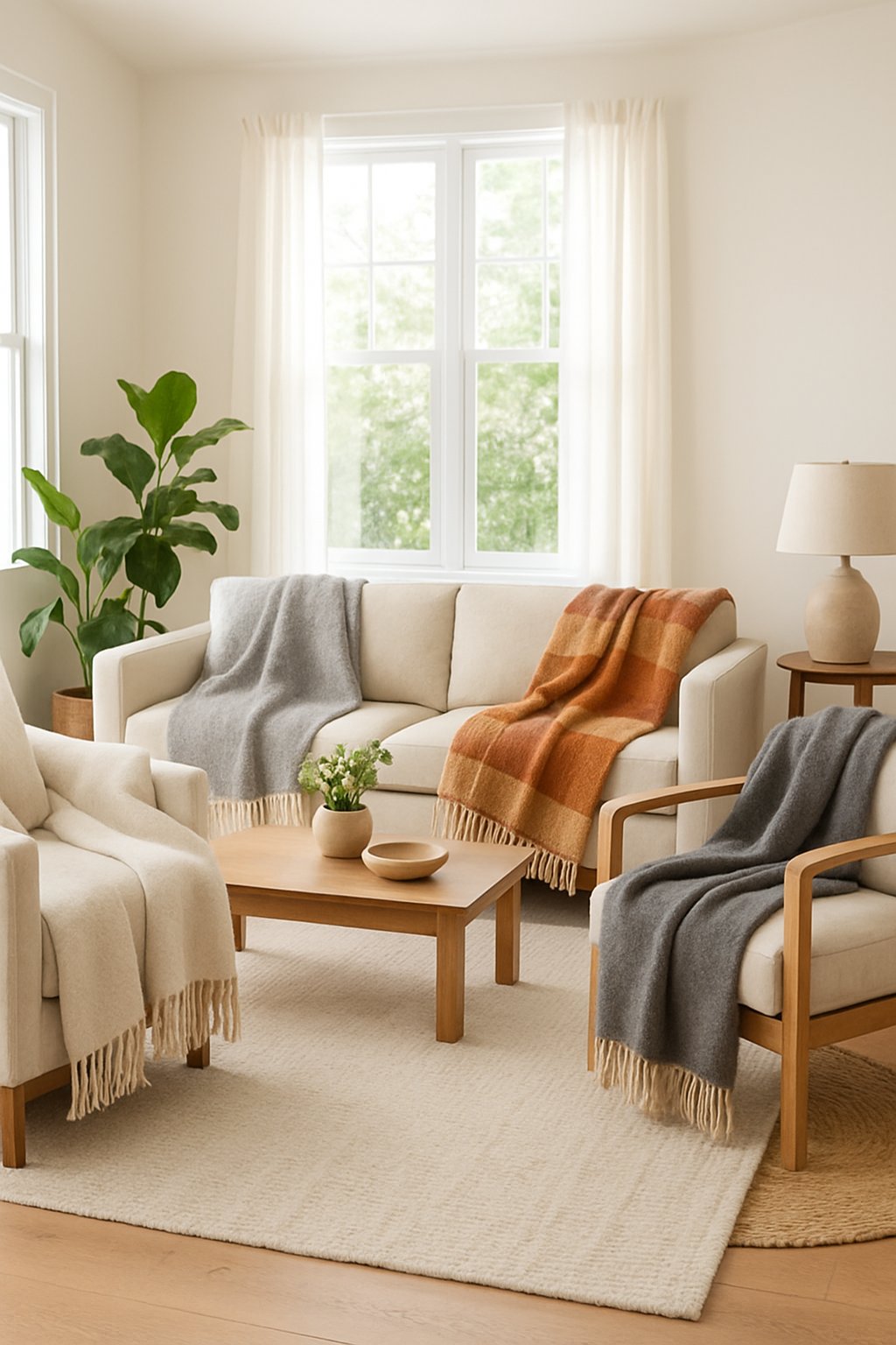 A cozy living room with wool throw blankets on a sofa and armchairs, natural light, and tasteful decor.