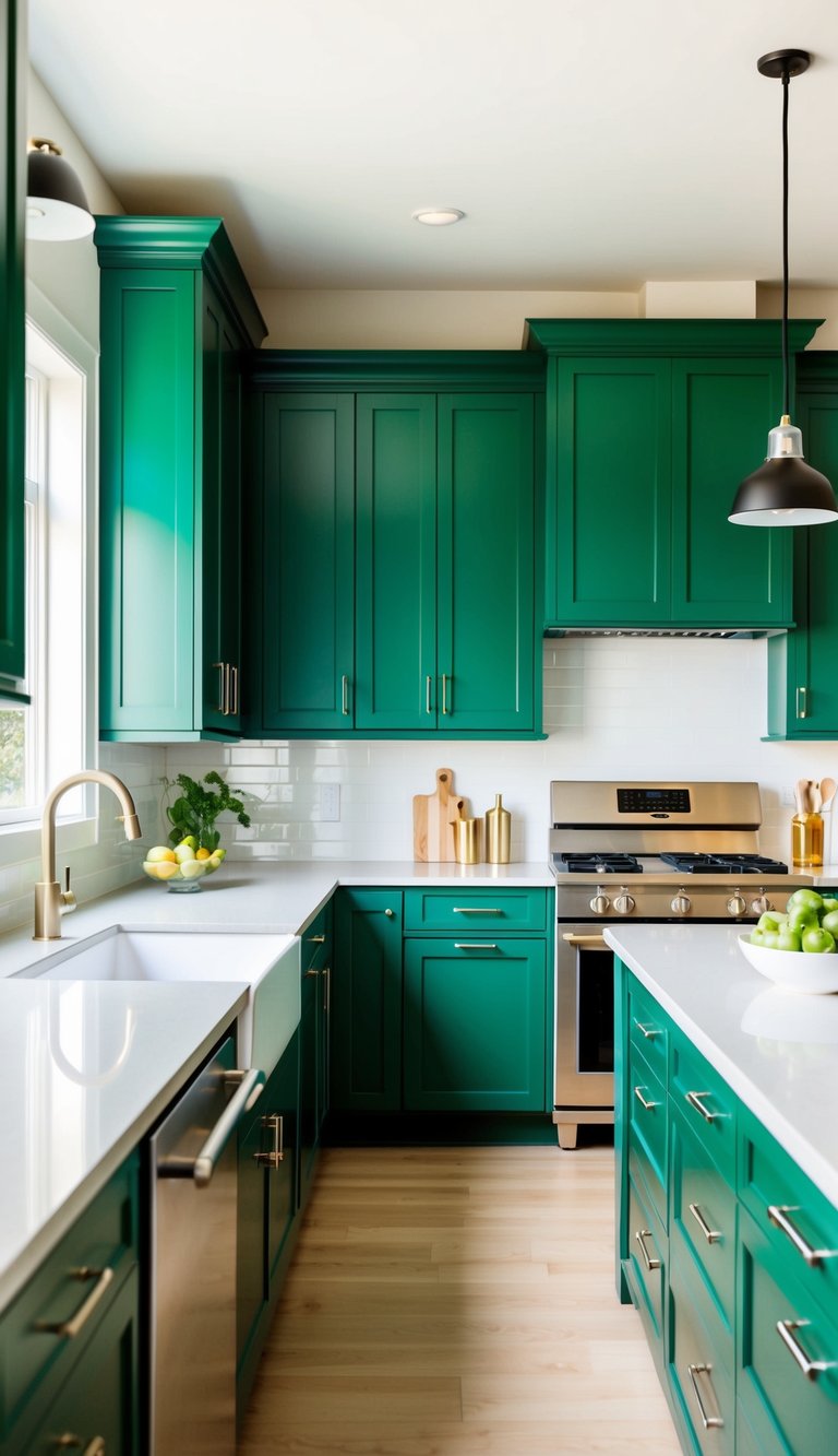 A modern kitchen with emerald green cabinets, sleek countertops, and stainless steel appliances. The room is flooded with natural light, creating a vibrant and inviting space