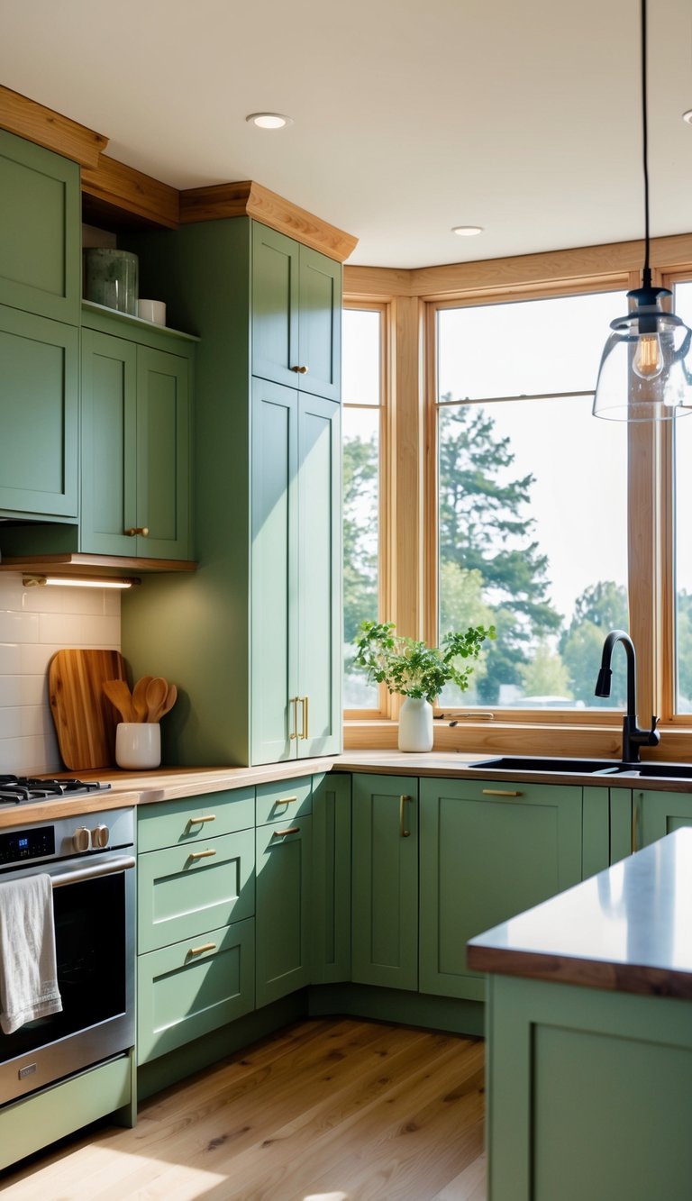 A modern kitchen with sage green cabinets and wood accents. Natural light pours in through large windows, illuminating the sleek design