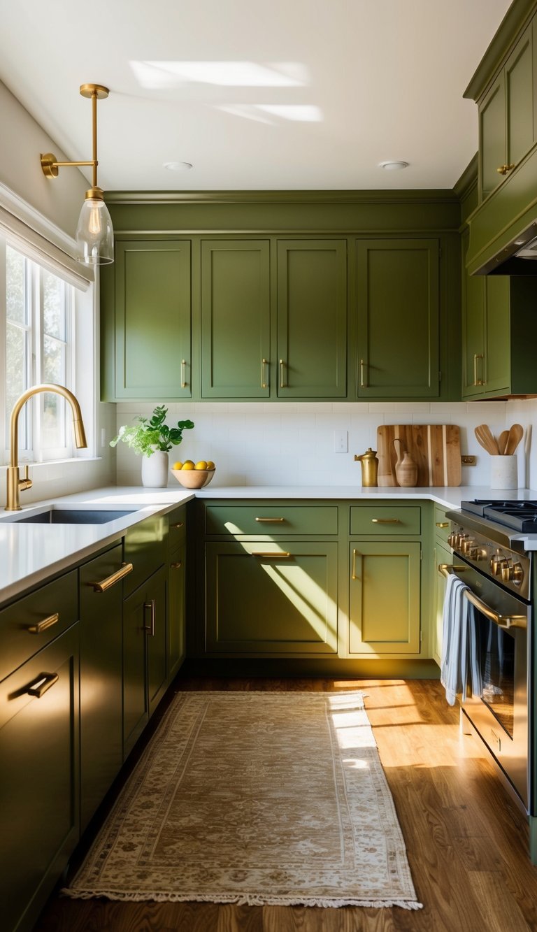 A modern kitchen with olive green cabinets and brass fixtures, bathed in natural light, creating a warm and inviting atmosphere