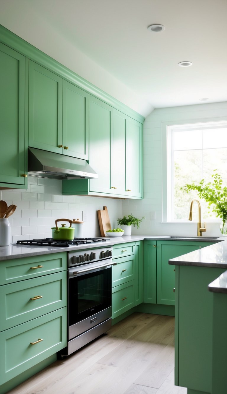 A modern kitchen with mint green cabinets, sleek countertops, and stylish appliances. Natural light floods the space, creating a fresh and inviting atmosphere