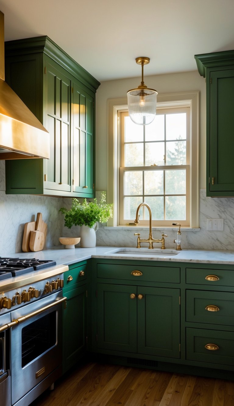 A cozy kitchen with forest green cabinets, marble countertops, and brass hardware. Sunlight streams in through the window, casting a warm glow over the timeless style