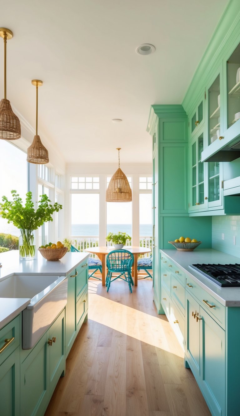 A bright, open kitchen with seafoam green cabinets, flooded with natural light and a breezy, airy atmosphere