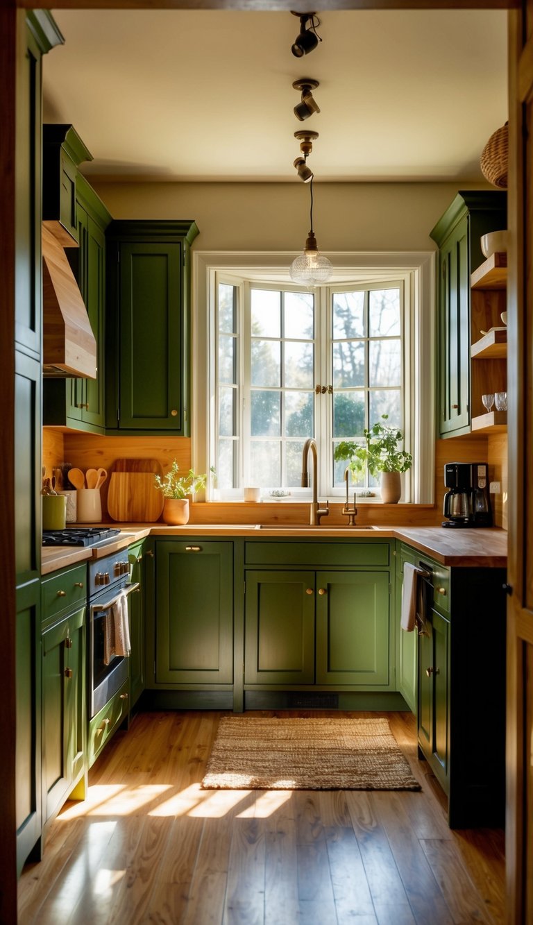 A cozy kitchen with moss green cabinets, warm wood accents, and earthy tones throughout. Sunlight streams in through the window, casting a soft glow over the space