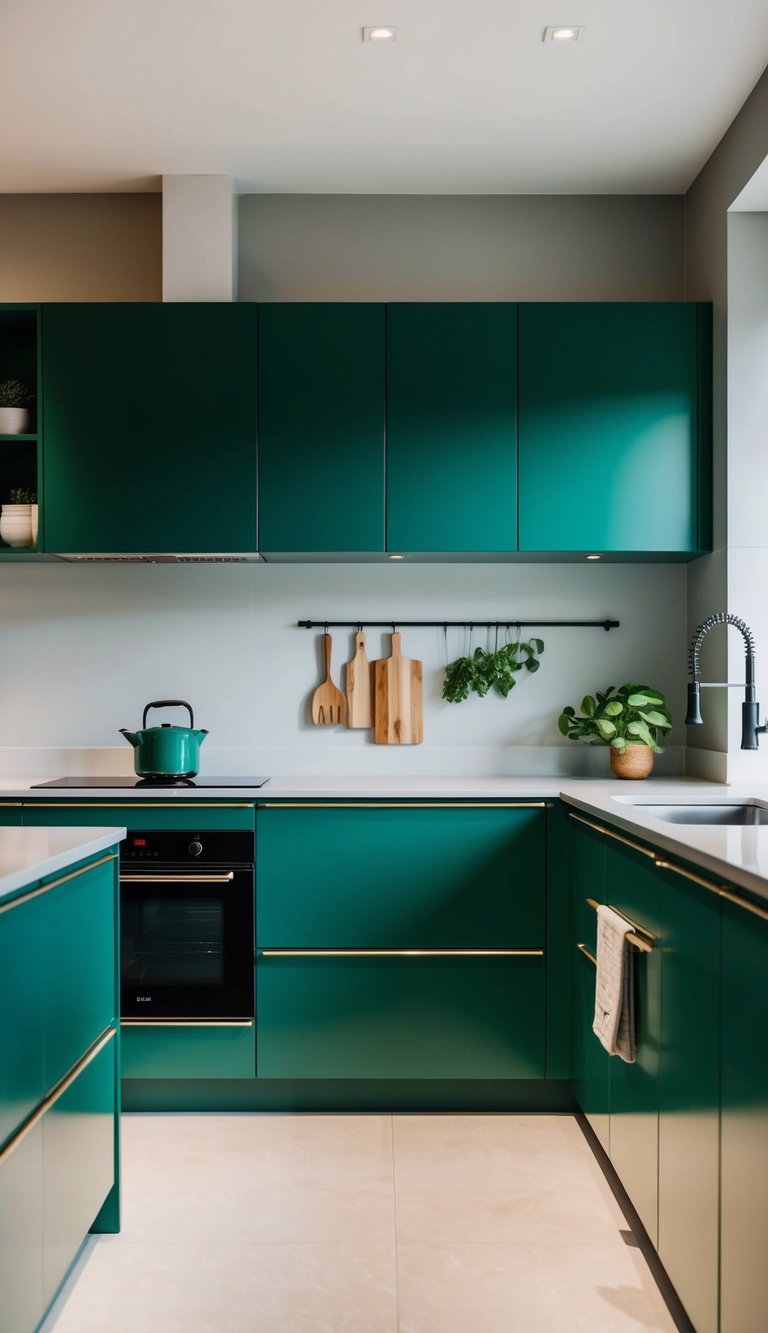 A modern kitchen with jade green cabinets, sleek countertops, and minimalist decor