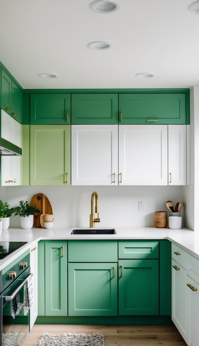 A modern kitchen with 21 green cabinets, some in pistachio and others in white, creating a striking contrast