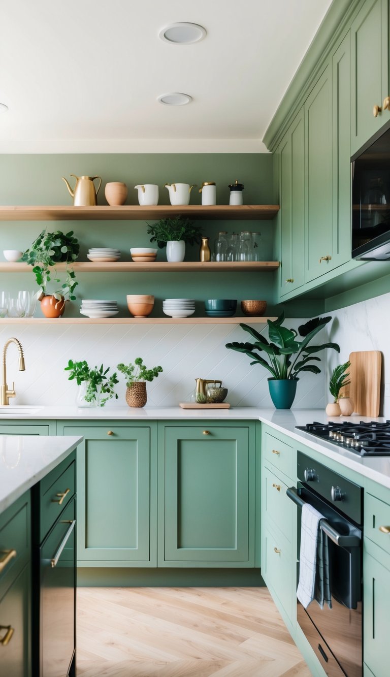 A modern kitchen with sage green cabinets and open shelving showcasing stylish kitchenware and plants