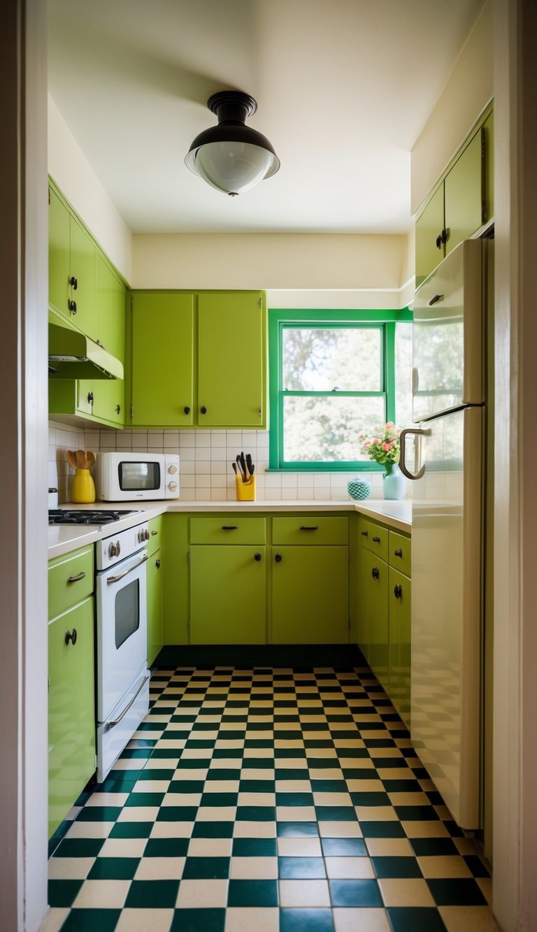 A retro kitchen with avocado green cabinets, vintage appliances, and checkered floor tiles