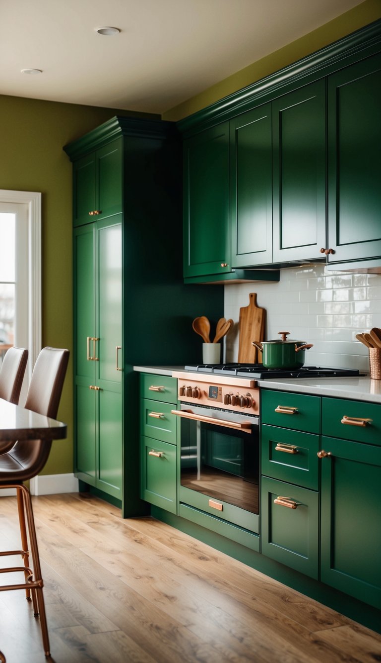 A modern kitchen with 21 green cabinets, rich olive walls, and copper handles