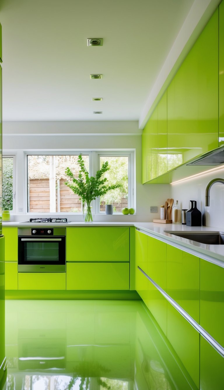 A bright lime green kitchen with sleek cabinets and modern fixtures