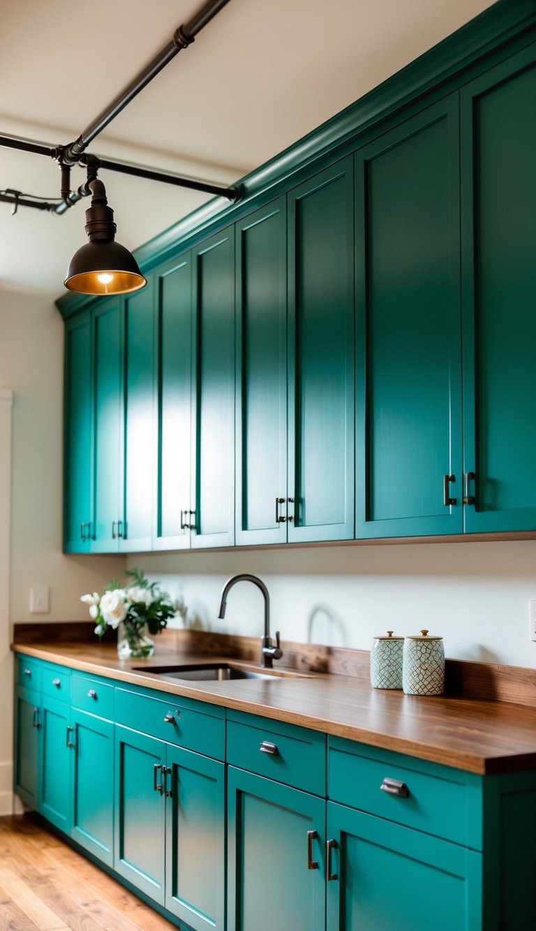 Teal green cabinets with metal hardware and industrial lighting