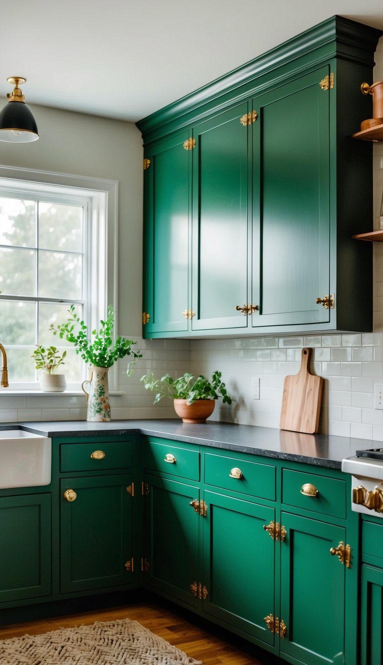 A kitchen with forest green cabinets and vintage hardware