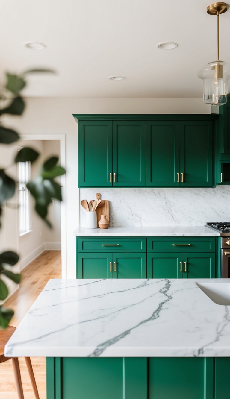 Green cabinets contrast with white marble countertops in a modern kitchen