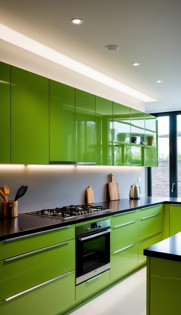 A modern kitchen with chartreuse green cabinets, sleek hardware, and bold lighting