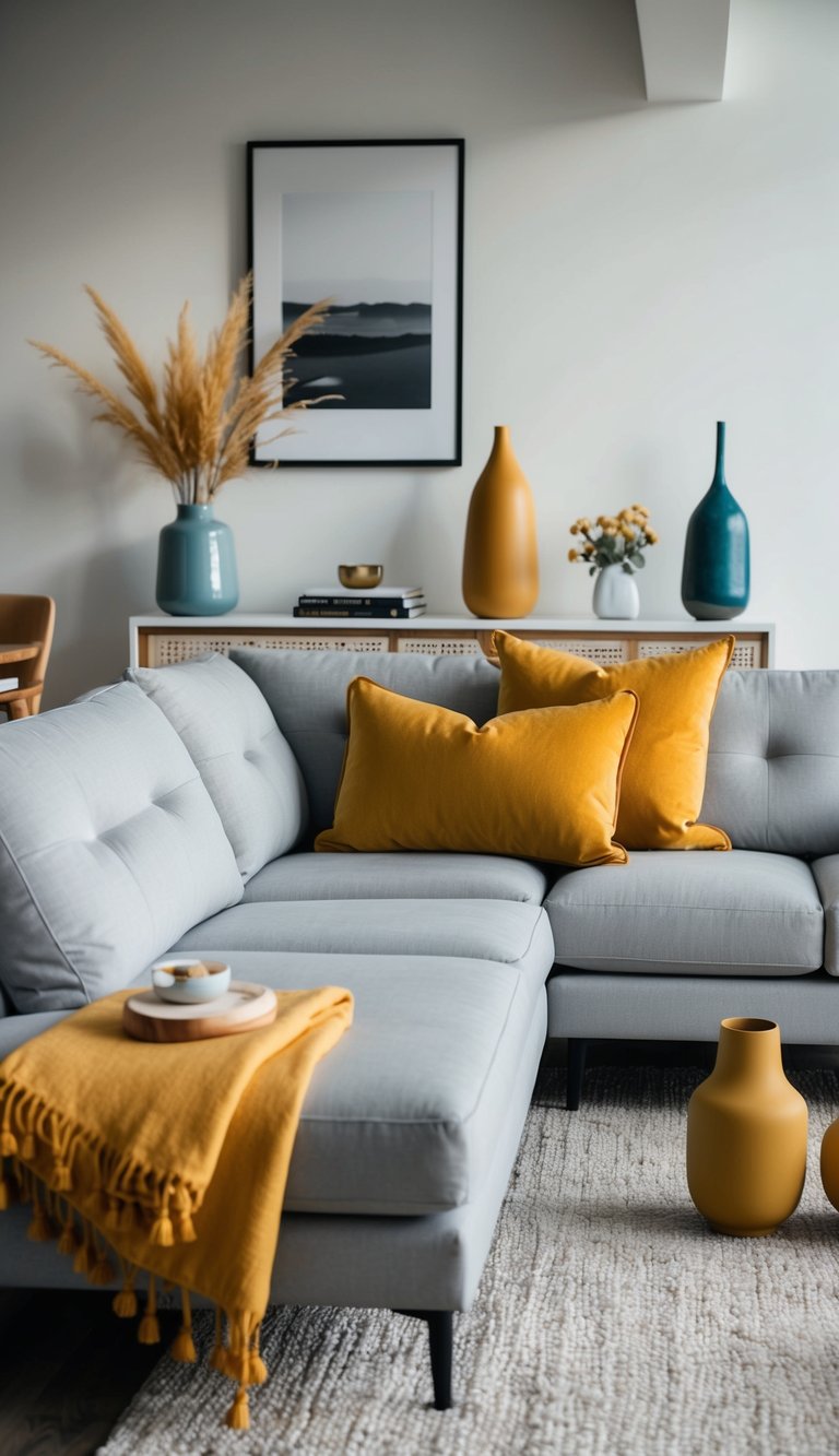 A light grey couch sits in a modern living room with mustard yellow accent pillows, throw blankets, and decorative vases