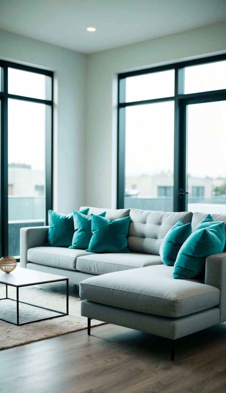 A light grey couch surrounded by teal cushions in a modern living room with large windows and a minimalist coffee table