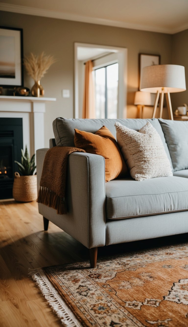 A light grey couch sits atop a burnt sienna rug in a cozy living room with warm, inviting decor