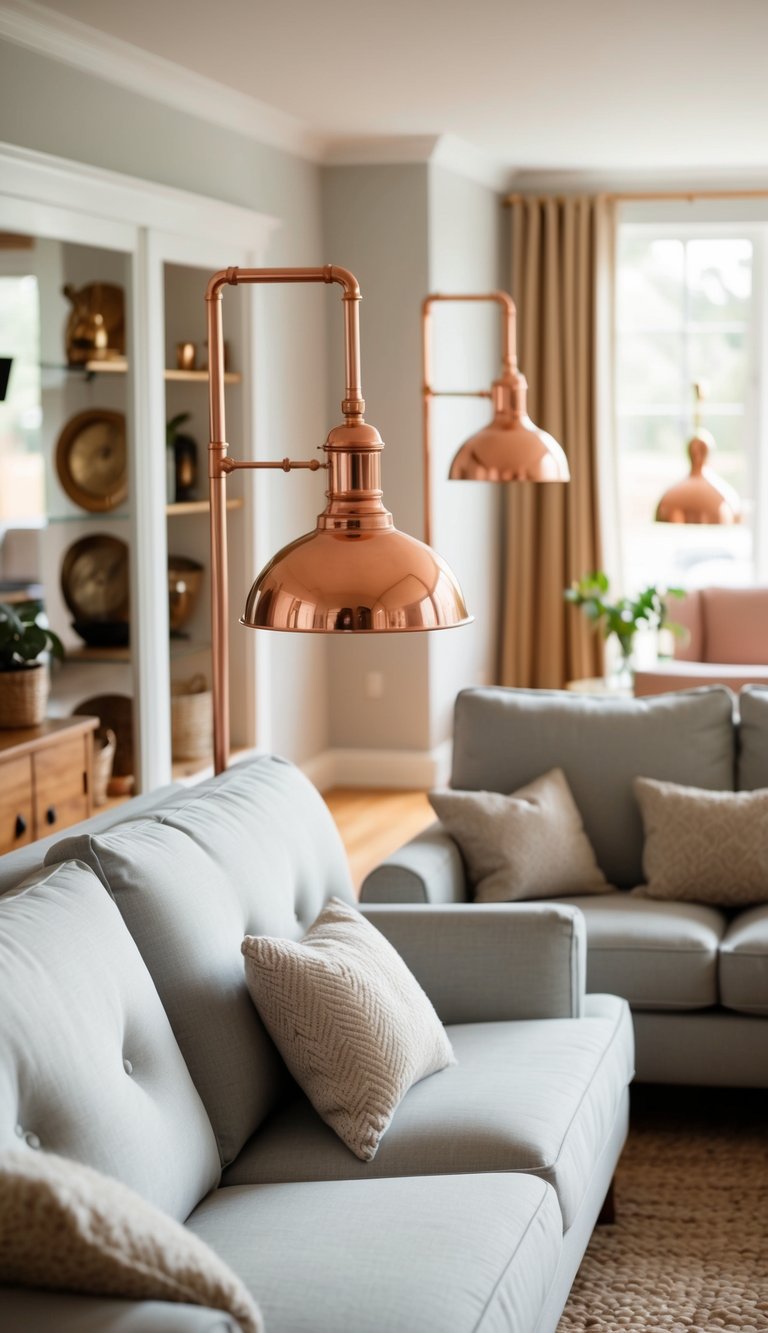 A cozy living room with light grey couches adorned with copper lamp fixtures, creating a warm and inviting atmosphere