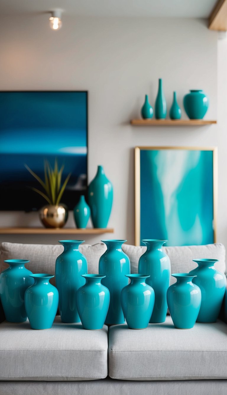 A light grey couch surrounded by 22 turquoise vases in a modern living room