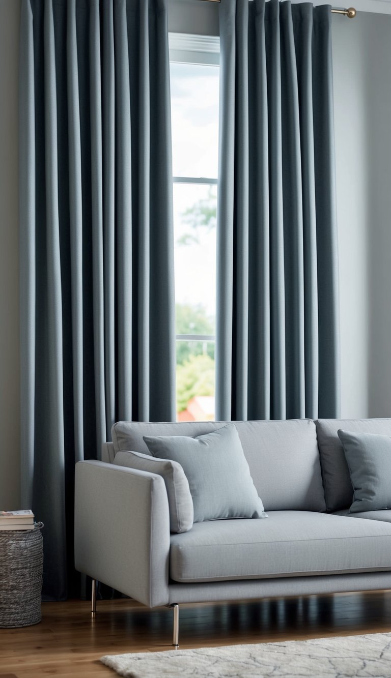 Slate gray curtains hang behind light grey couch in a modern living room