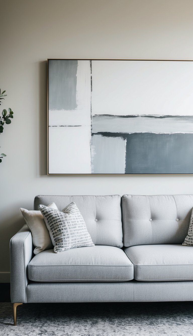 A light grey couch sits in a modern living room, adorned with a white and gray abstract painting