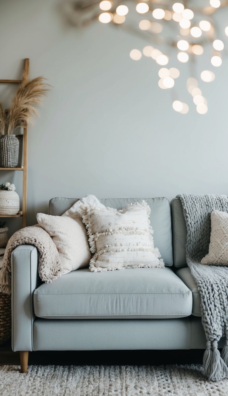 A light grey couch adorned with a variety of textured throws, surrounded by cozy living room decor
