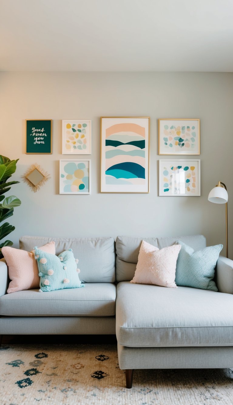 A cozy living room with light grey couches, adorned with various pastel artwork, creating a harmonious and inviting atmosphere