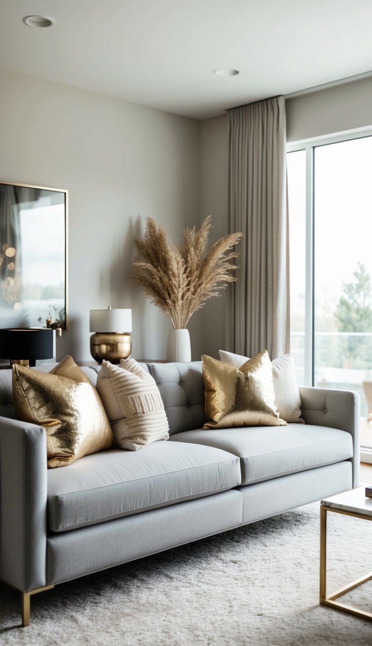 A light grey couch adorned with metallic gold accessories in a modern living room with neutral tones and natural light