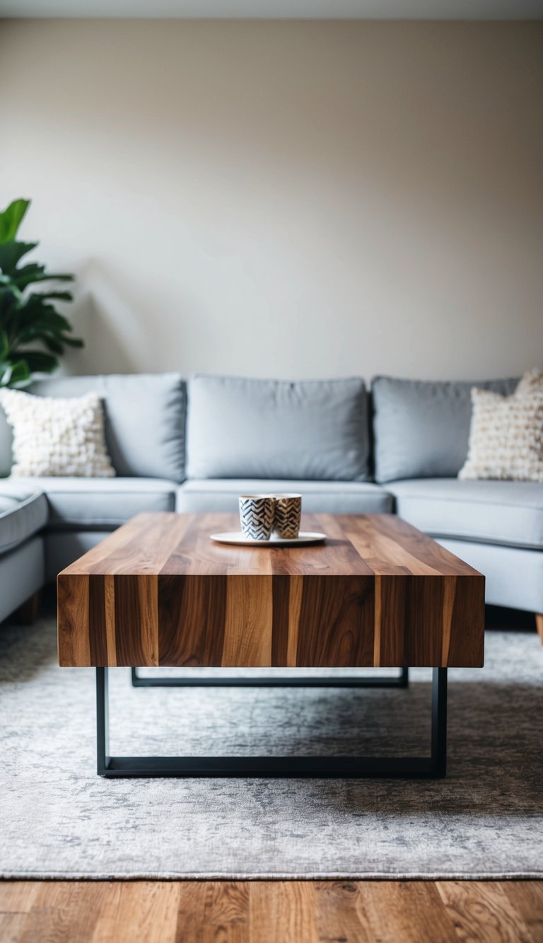 A large wooden coffee table sits in a living room with light grey couches