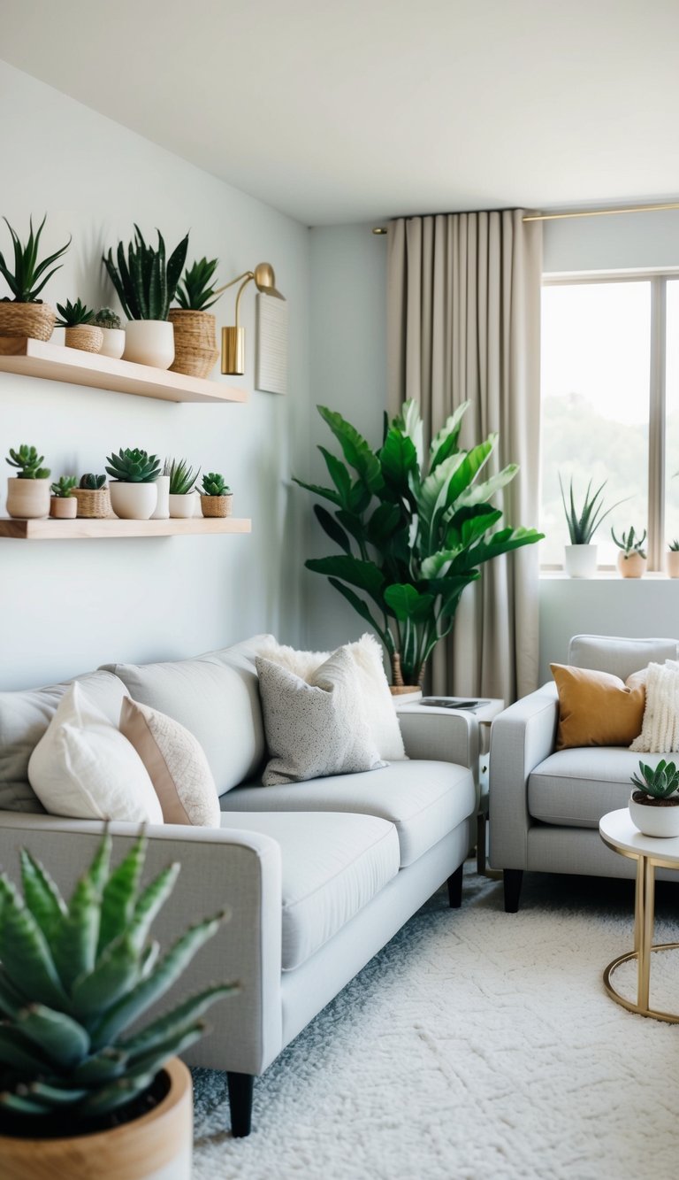 A cozy living room with light grey couches and various succulents placed on shelves and tables throughout the space