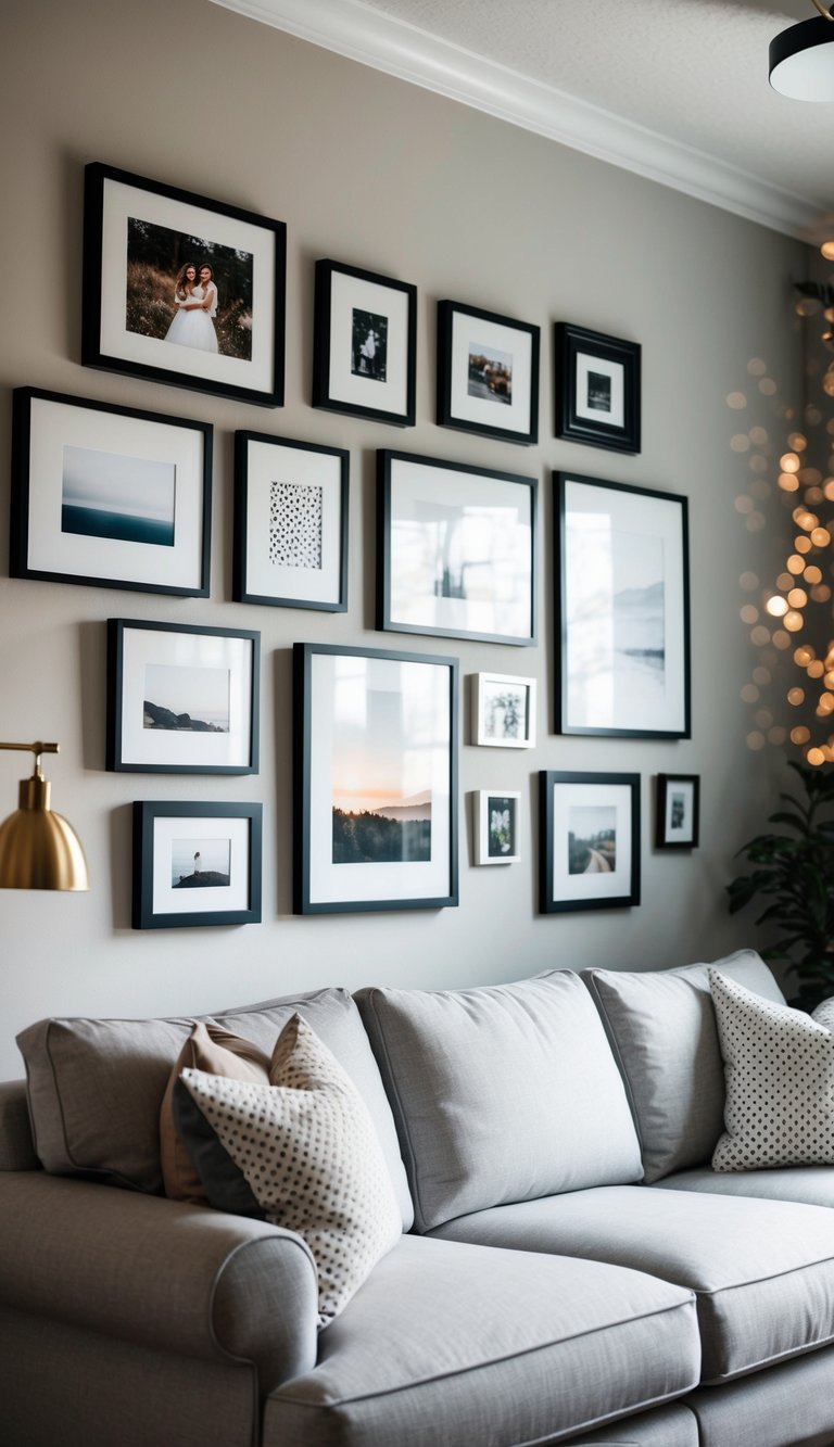 A gallery wall with mixed frames hangs above light grey couches in a cozy living room