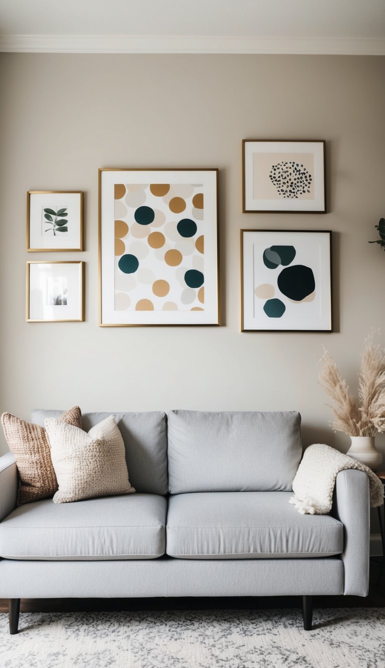 A light grey couch surrounded by neutral wall art in a cozy living room