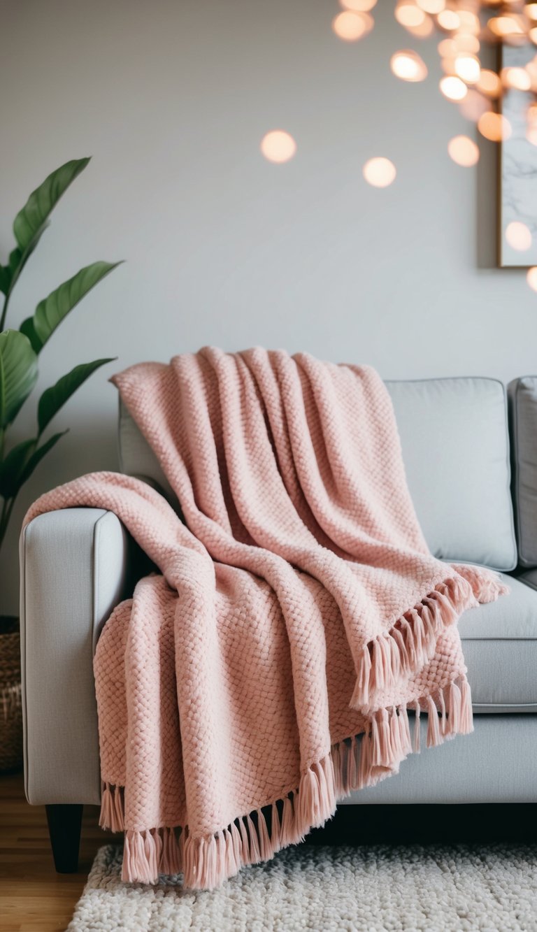 Light pink throws draped over light grey couches in a cozy living room setting
