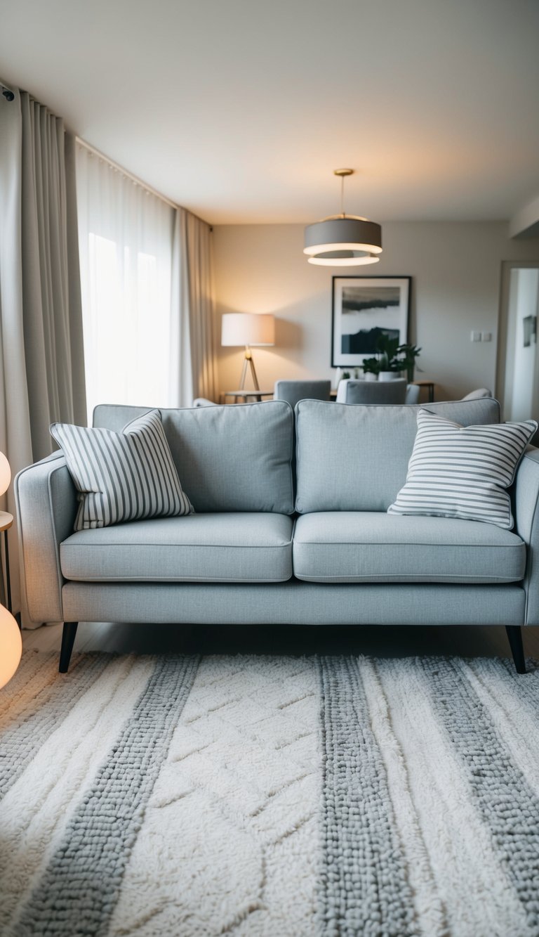 A light grey couch with striped cushions sits in a cozy living room, surrounded by soft lighting and modern decor