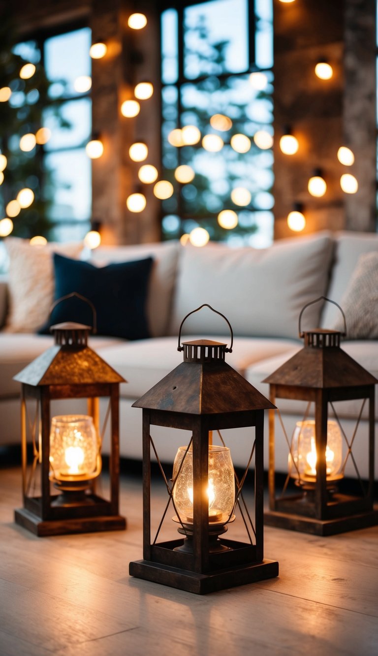 Rustic metal lanterns illuminate a cozy living room with light grey couches