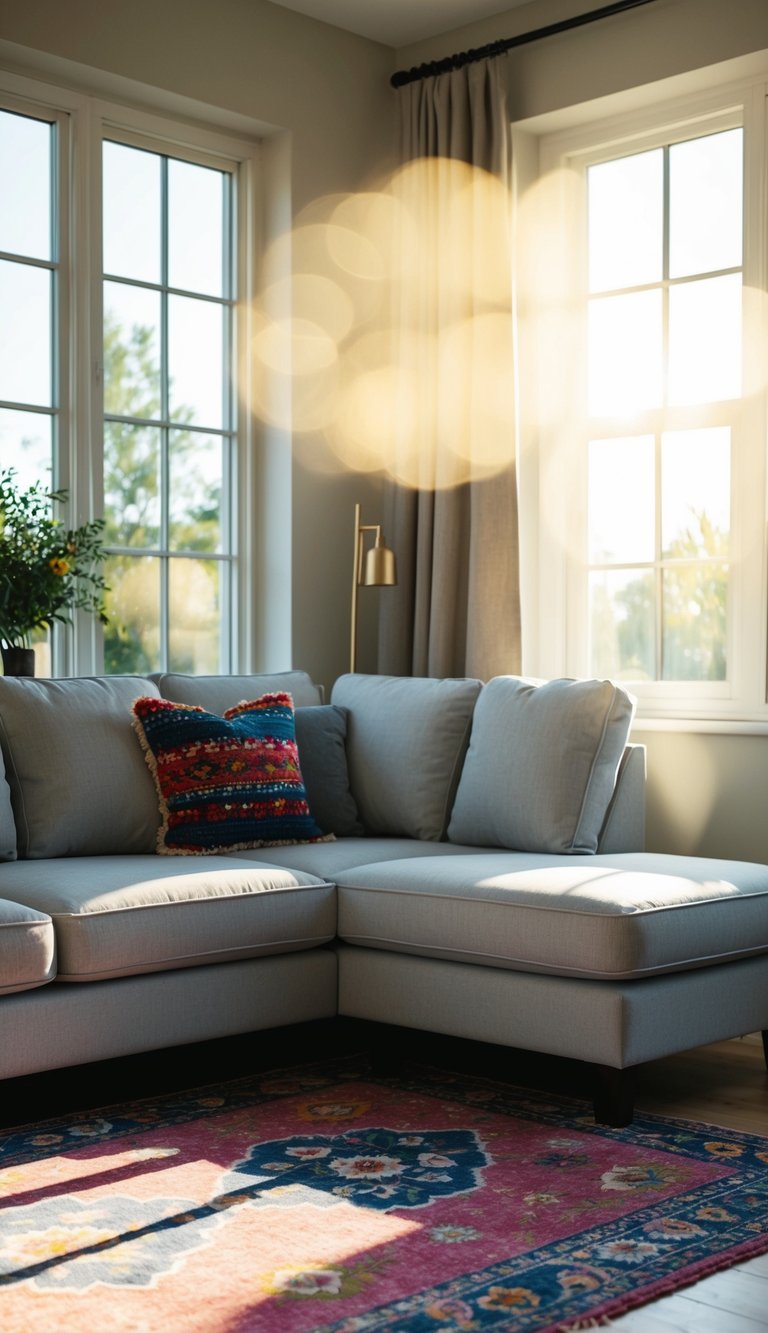 A light grey couch sits atop a vibrant area rug in a cozy living room. Sunlight streams in through the window, creating a warm and inviting atmosphere