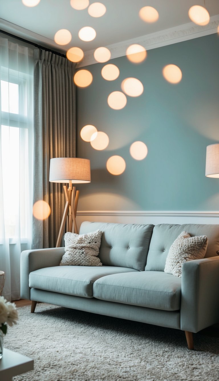 A light grey couch surrounded by floor lamps in a cozy living room